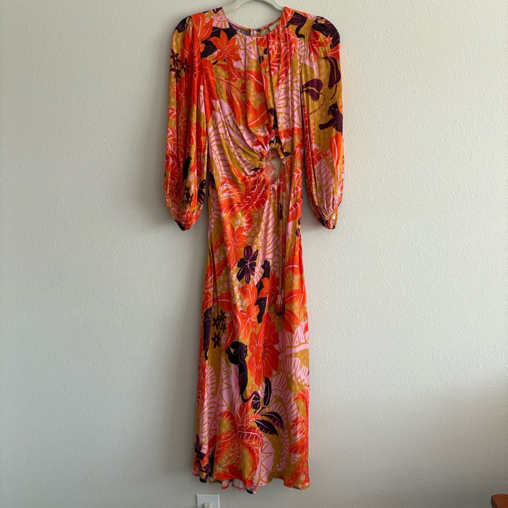 NWT FARM Rio Puff-Sleeve Cutout Slip Dress Midi Women’s XS Jungle Panther - Picture 5 of 11